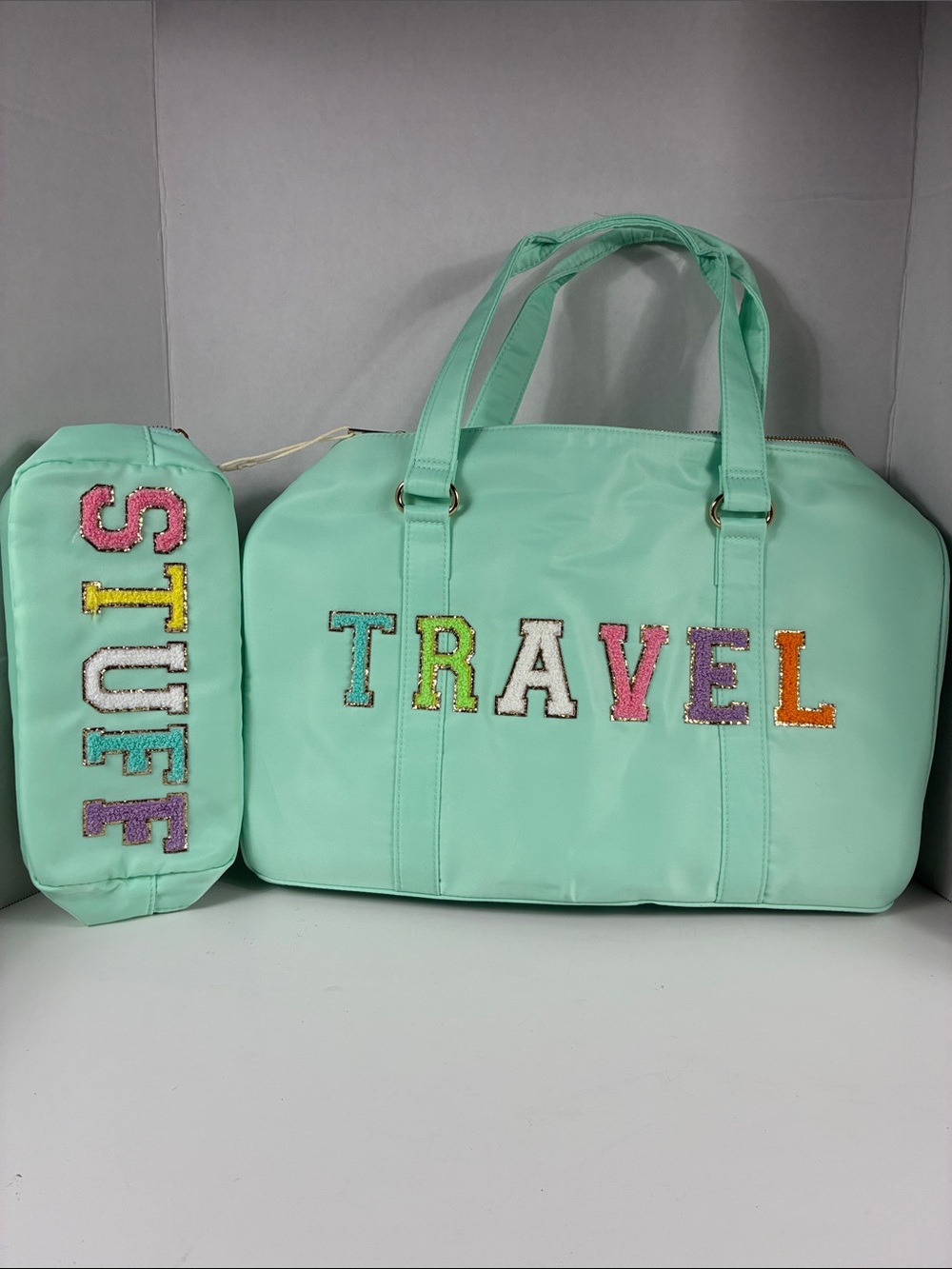 Mint Travel Duffle Bag with 'Travel' Lettering and Matching Pouch